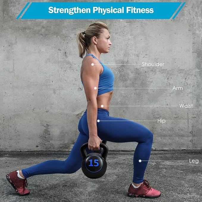 Goplus 3 Pieces Kettlebell Set, 5, 10, 15 lbs HDPE Coated Concrete Fitness Kettle Bells w/Easy Grip Wide Handle, Home Gym Exercise Weights HIIT Workout, Weightlifting, Strength Training, Conditioning