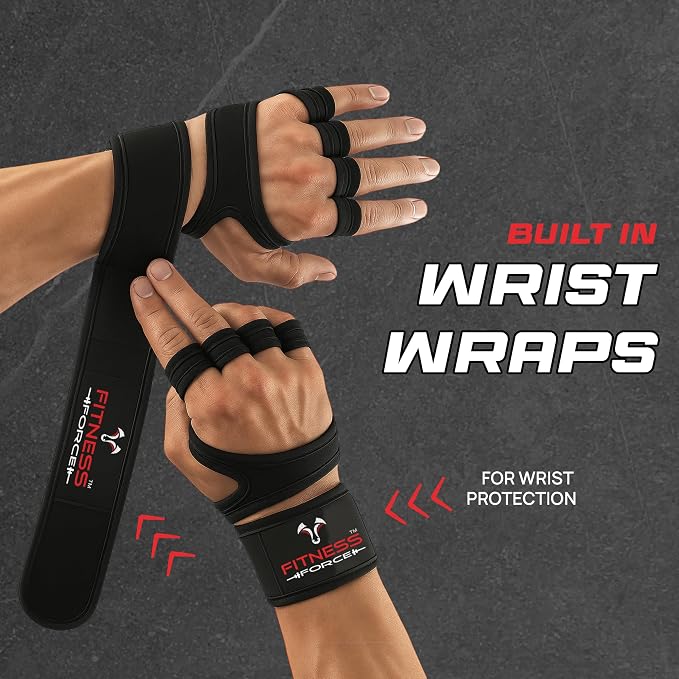 FITNESS FORCE Ventilated Weight Lifting Workout Gloves for Men & Women | Gym Gloves for Men & Women with Built-in Wrist Wraps for Men, Exercise Gloves for Weightlifting, Cycling & Cross Training