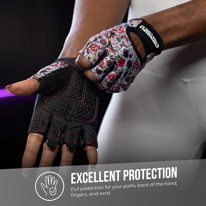 Contraband Pink Label 5237 Womens Designer Workout Gloves | Sugar Skull Print w/Grip-Lock™ Padding (White, Medium)