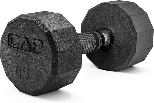 CAP Rubber Coated Dumbbell Weights, Free Weights for Home Gym Strength Training, Anti-Roll Hex Dumbbells with Black, Chrome & Comfort Grip Handles, Singles