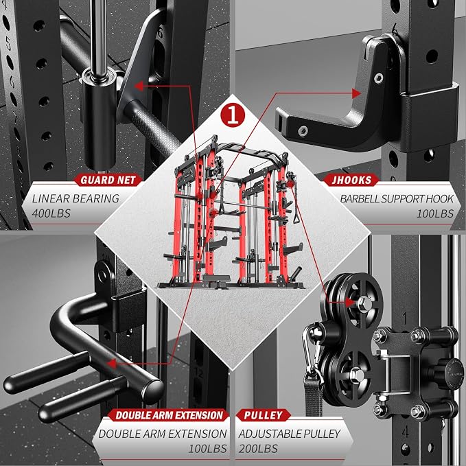 Multi-Purpose Squat Rack,Smith Machine Weight Rack Set with Cable Crossover System, Home Gym Power Racks, Power Racks and Packages
