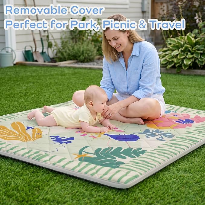 1.6" Thick Baby Play Mat, 50x50 Removable & Machine Washable Cover | Padded Memory Foam, Non-Slip Backing, 100% Baby-Safe Materials, Tummy Time Crawling, Outdoor, Bedroom, Living Room, Nursery