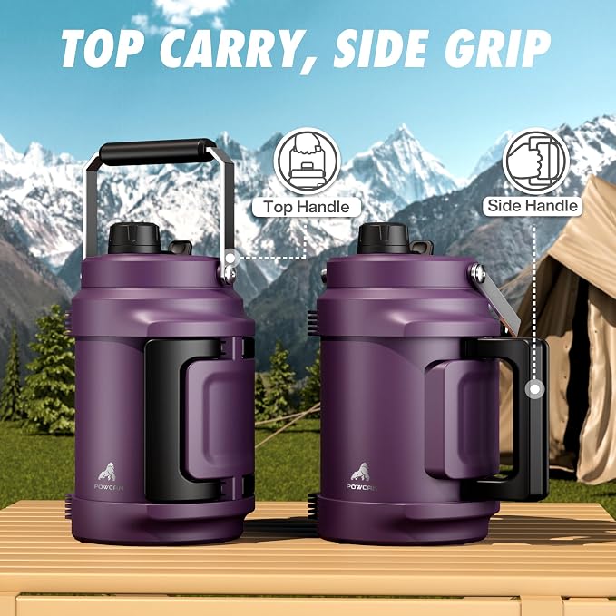 POWCAN 64 oz Insulated Water Jug, 2-in-1 Straw Spout Lid, Dual Handle, Leakproof, Keep Cold 48H, Half Gallon Stainless Steel Water Bottle for Daily, Hydration, Picnic, Travel, Gym, Workout (Burgundy)