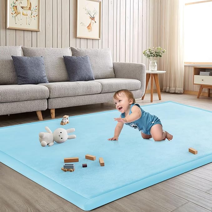 Baby Play Mat for Floor Nursery Muscle Mat Area Rug Playroom Rug 50"x50" Elastic Foam 1.3" Thick Crawling Mat for Babies,Toddlers, Infants,Kids (Ice Blue)