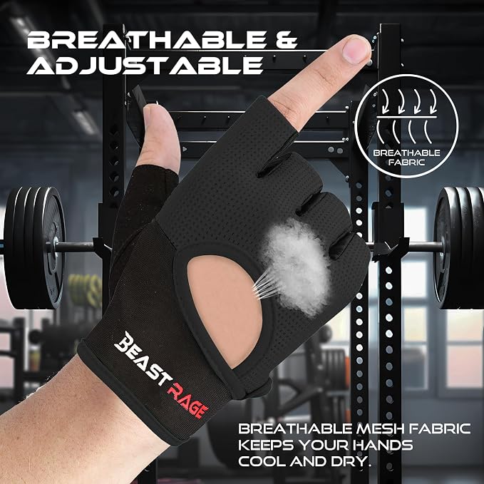 BEAST RAGE Workout Gloves for Men & Women - Fingerless Gym Gloves with Palm Protection, Breathable & Lightweight for Weightlifting, Cycling & Pull Up
