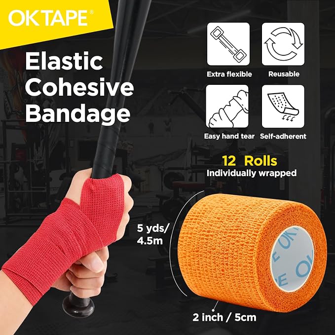 OK TAPE 12 Rolls Self Adhesive Bandage Wrap, Cohesive Elastic Athletic Tape | Vet Wrap, Sports Tape, Medical Wrap for Wrist, Feet, Self Stick Bandage Tape, 2" x 5 Yards