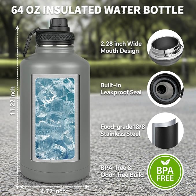 DEFUNX Half Gallon Water Bottle Insulated with Sleeve - Tactical 64 oz Stainless Steel Water Jug with MOLLE Water Bottle Pouch, Gym Water Bottles for Men Hiking Workout (Grey)