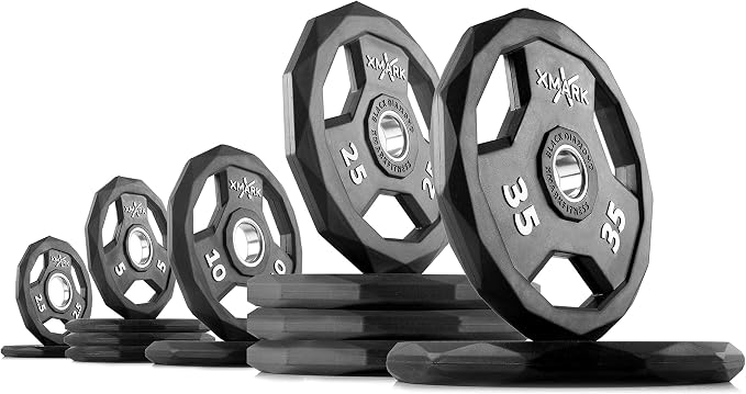 XMARK Black Diamond Olympic Weight Plates 2-Inch, Rubber Barbell Plates with Tri-Grip Handles for Home Gym Strength Training