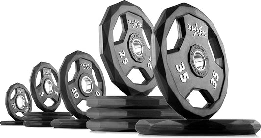 XMARK Black Diamond Olympic Weight Plates 2-Inch, Rubber Barbell Plates with Tri-Grip Handles for Home Gym Strength Training