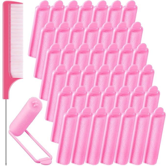 Syhood 43 Pcs Foam Sponge Hair Rollers Women 0.59 Inch Soft Sleeping Curlers Flexible Sponge Curler Tool and Rat Tail Comb for Hair Styling Hairdressing Overnight Curl and Volume(Pink)
