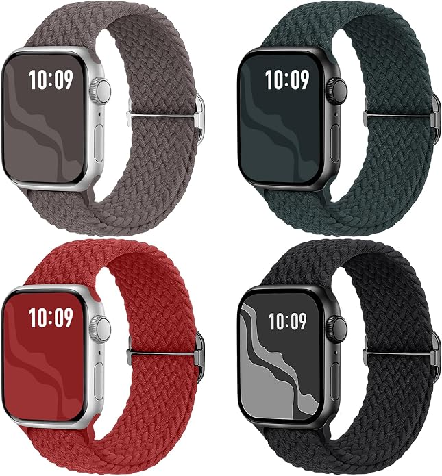 4 Pack Braided Stretchy Bands Compatible with Apple Watch 40mm 41mm 38mm 42mm 44mm 45mm 46mm 49mm Women Men, Breathable Nylon Elastic Daily Use Straps for iWatch Series 11/10 9 8 7 6 5 4 3 SE/Ultra 2