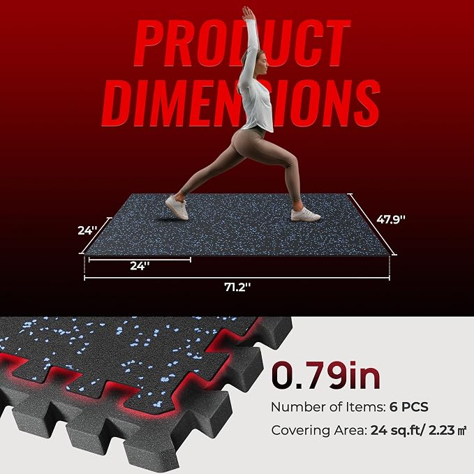 SUPERJARE 0.79'' Extra-Thick Exercise Equipment Mats, 6 Pcs 24 Sq Ft Rubber Top Floor Tiles with High Density EVA Foam, Interlocking Gym Flooring for Home Gym, Protective Workout Mat, Black/Blue