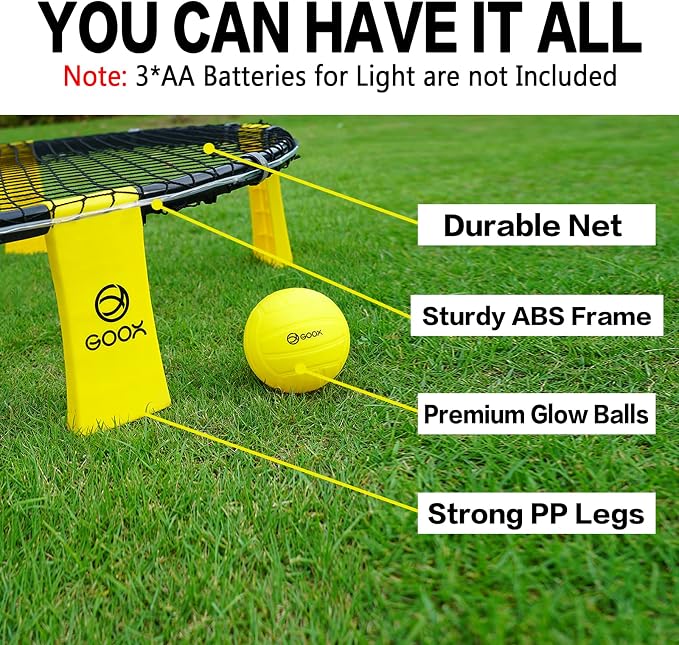 GOOX Outdoor Beach Ball Games with Carrying Bag, 3 Balls, Net and Strip Light (ONLY for Light Up Set)- Roundnet Game Set for Family - Played Outdoors, Indoors, Beach, Lawn, Yard and Park
