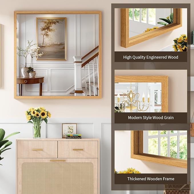 Syndra Square Natural Wood Frame Bathroom Mirror, 32''x32'' Modern Vanity Mirror for Wall, Waterproof Slim Deep Frame, HD Tempered Glass Mirror for Living Room, Bedroom, Entryway, Rustic, Farmhouse