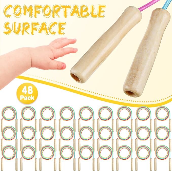 48 Pieces 8.53 ft Adjustable Jump Ropes Rainbow Cotton Skipping Rope Bulk with Wooden Handles for End of The School Year Gifts Graduation Outdoor Exercise