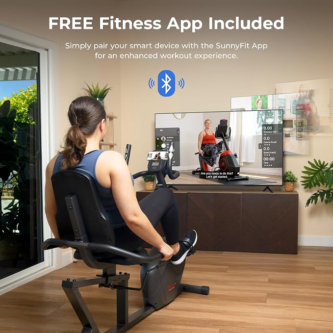 Sunny Health & Fitness Smart Recumbent Bike, Wide Cushioned Seat & Back, Indoor Cycling Machine for Adult/Seniors Home Exercise, Free SunnyFit App Connection