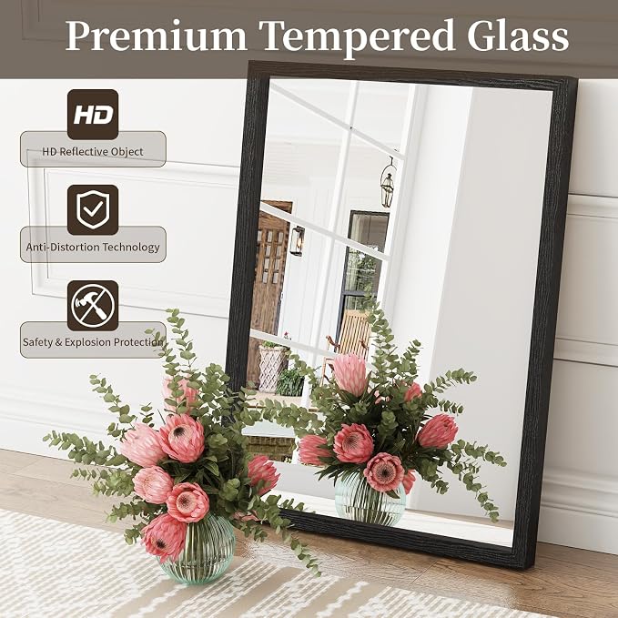 Syndra Black Wood Frame Bathroom Mirror, 22''x30'' Modern Vanity Mirror for Wall, Waterproof Slim Deep Frame, Rectangular HD Tempered Glass Mirror for Living Room, Bedroom, Entryway, Rustic, Farmhouse