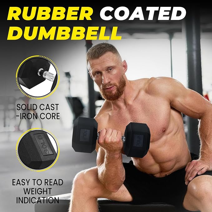 HulkFit Rubber Coated Hex Dumbbells, Anti-Roll Hand Weights Set of 2, Non-Slip Ergonomic Handle Low Odor for Home Gym