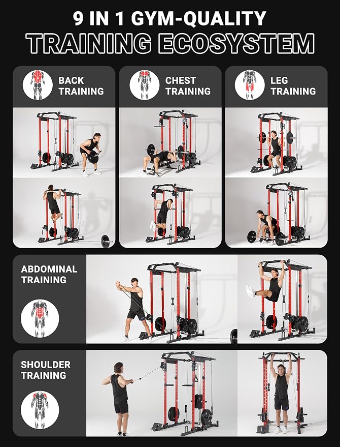 YOLEO Smooth Pulley System Power Cage, Adjustable Cable Crossover Power Rack, Multi-Functional Cable Machine for Home Gym