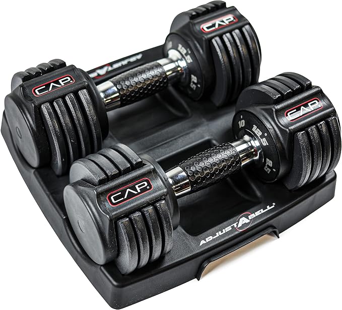 CAP ADJUSTABELL Adjustable Dumbbell Set, Premium Quick Select Adjustable Weights for Strength Training, Singles & Pairs, 12.5 LB, 25 LB & 55 LB, Round & Hex Dumbbells, Multiple Grip Handle Options
