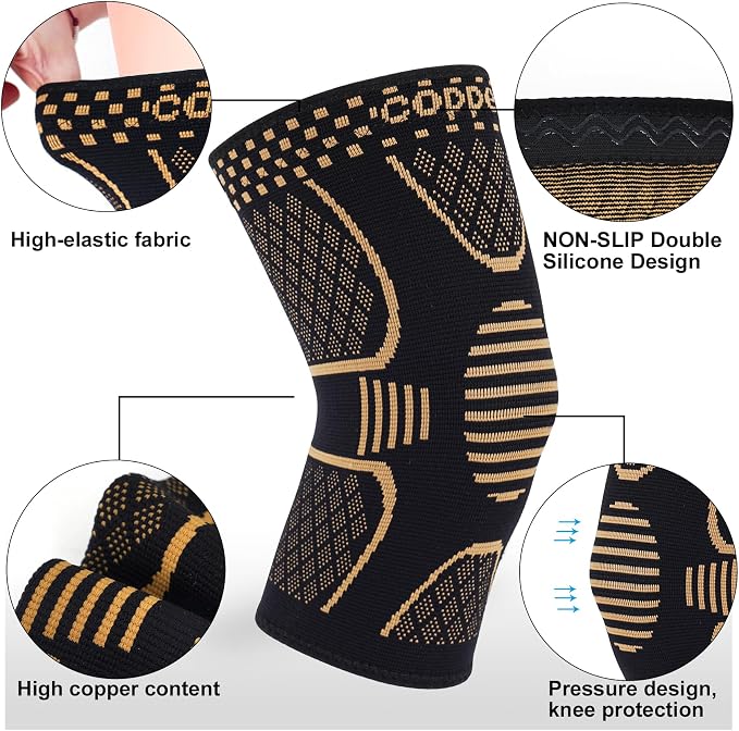 Double Couple 2 Pack Copper Knee Brace Knee Compression Sleeve Support for Men Women Knee Pain Working Out Running Sport Arthritis