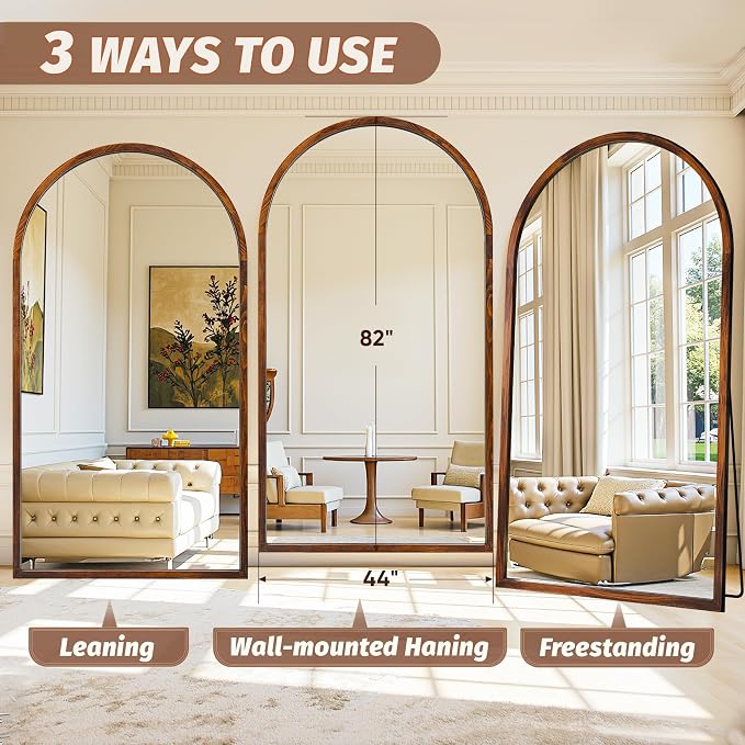 Full Length Mirror 82"×44" Floor Mirror Standing Tall Mirror, Arched Stand up Large Wall Mirrors, Freestanding Full Body Mirrors for Bedroom Living Room Wood Antique Style Walnut