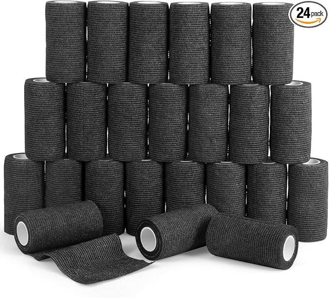 Elastic Self Adhesive Bandage Wrap 4 Inch, Breathable Non Woven Cohesive Bandage, Vet Wrap for Dogs, Ankle Sprains Swelling, Sports Athletic Tape (24 Count Black)