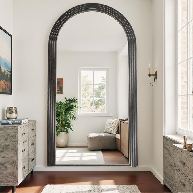 Antok Full Length Mirror 82"×44" Floor Mirror Standing Tall Mirror, Arched Stand up Large Wall Mirrors, Freestanding Full Body Mirrors for Bedroom Living Room Wood Vintage Style Black