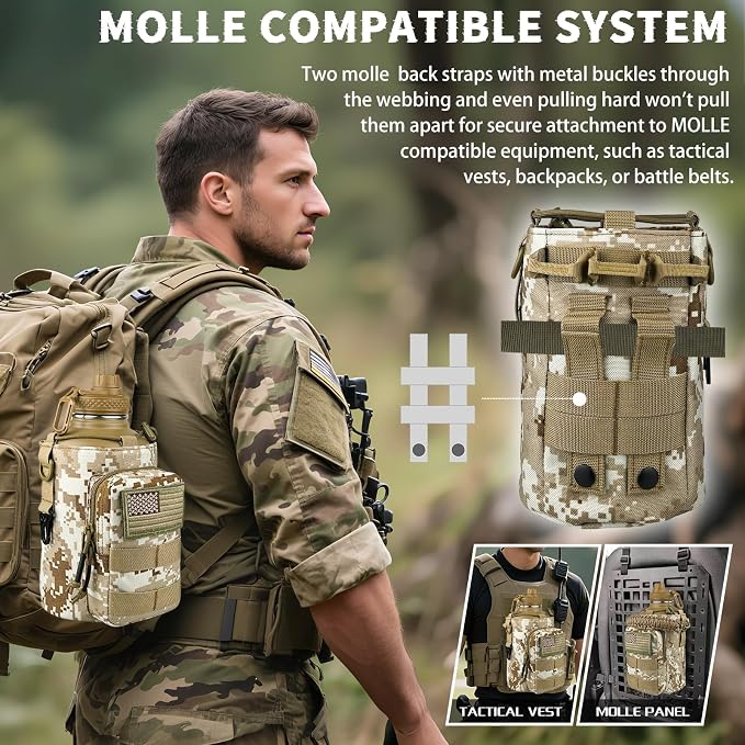 DEFUNX Half Gallon Water Bottle Insulated with Sleeve - Tactical 64 oz Stainless Steel Water Jug with MOLLE Water Bottle Pouch, Gym Water Bottles for Men Hiking Workout (Desert Digital Camo)
