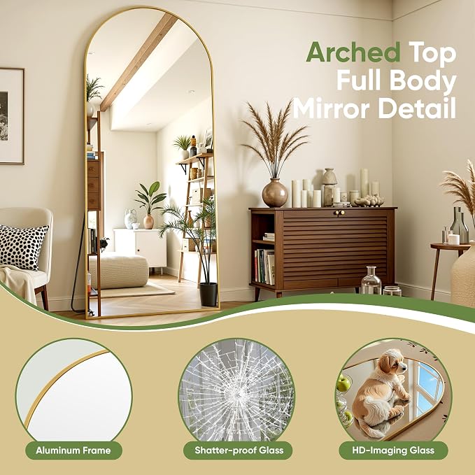 Floor Mirror, 76"x34" Oversized Full Length Mirror with Stand, Arched Full Body Mirror Standing Hanging Leaning Against Wall, Aluminum Frame Giant Mirrors for Bedroom Cloakroom, Gold