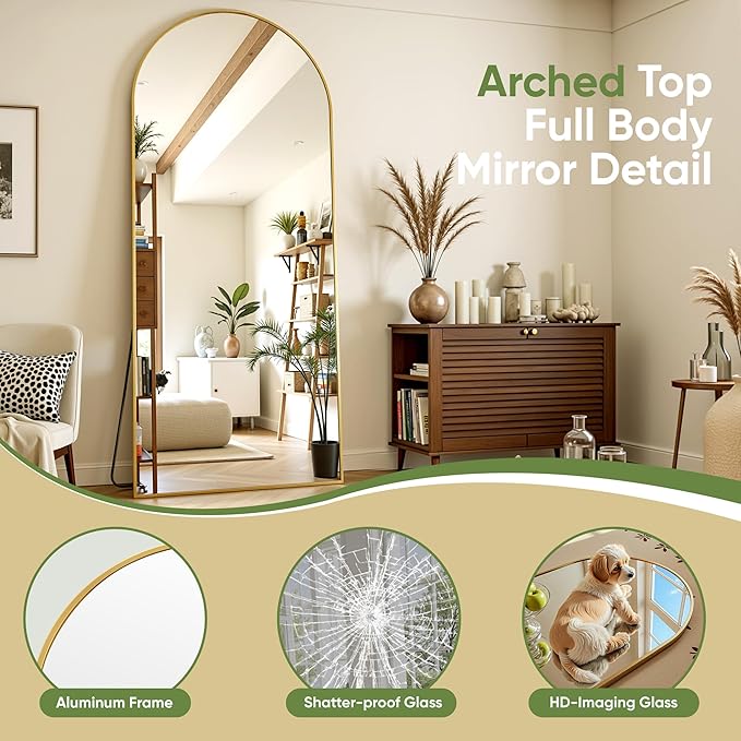 Full Length Mirror, 76"x34" Arched Full Body Mirror, Floor Mirrors with Stand, Body Mirrors Standing Hanging Leaning Against Wall,Aluminum Frame Mirrors for Bedroom Cloakroom,Living Room,Gold