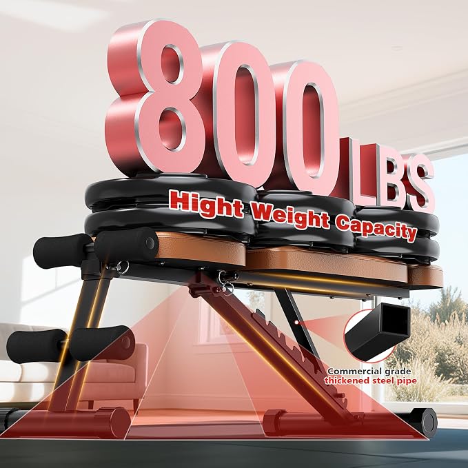 XDDIAS Workout Bench, 10 Backrests Adjustable Weight Bench with Extended Headrest, 800LBS Foldable Weight Bench for Home Gym, Incline Decline Flat Bench Compact for Small Space Training