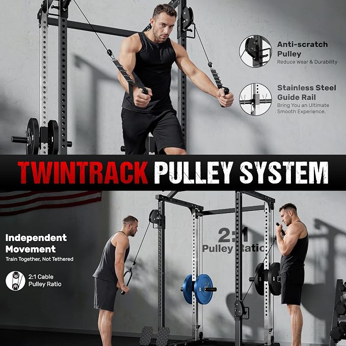 DP01 Power Cage, 2000LBS Squat Rack with Cable Crossover and Dual Independent Pulley System, Full Cage for Full Body Training, Power Rack with More Training Attachments for Home Gym