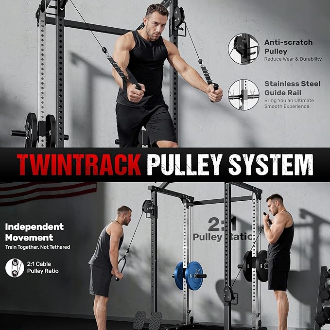DP01 Power Cage, 2000LBS Squat Rack with Cable Crossover and Dual Independent Pulley System, Full Cage for Full Body Training, Power Rack with More Training Attachments for Home Gym