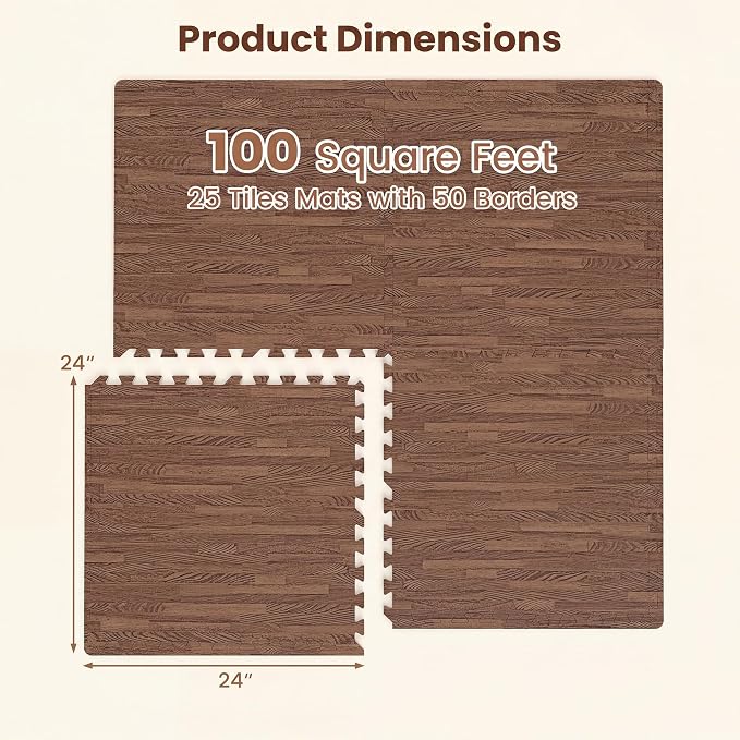 Giantex 25 Pcs Faux Wood Grain EVA Foam Tiles, 24"x24" Interlocking Floor | 100 Sq. Ft Puzzle Exercise Mats with 50 Borders, 0.4" Thick Waterproof Anti-Slip Flooring for Home Gym, Basement, Dark Walnut