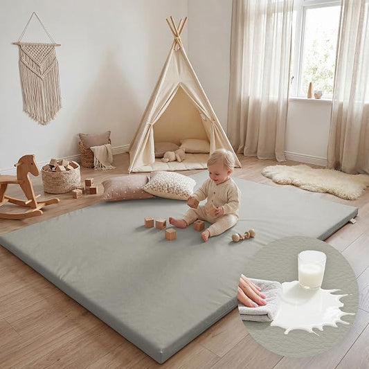 Huloo Sleep Baby Play Mat 65x50 Inches, 1.3" Thick Padded Waterproof Floor Cushion & Playpen Mat with Vegan Leather, Non-Slip & Non-Toxic Nursery Rug for Infants, Toddlers & Kids(Grey)