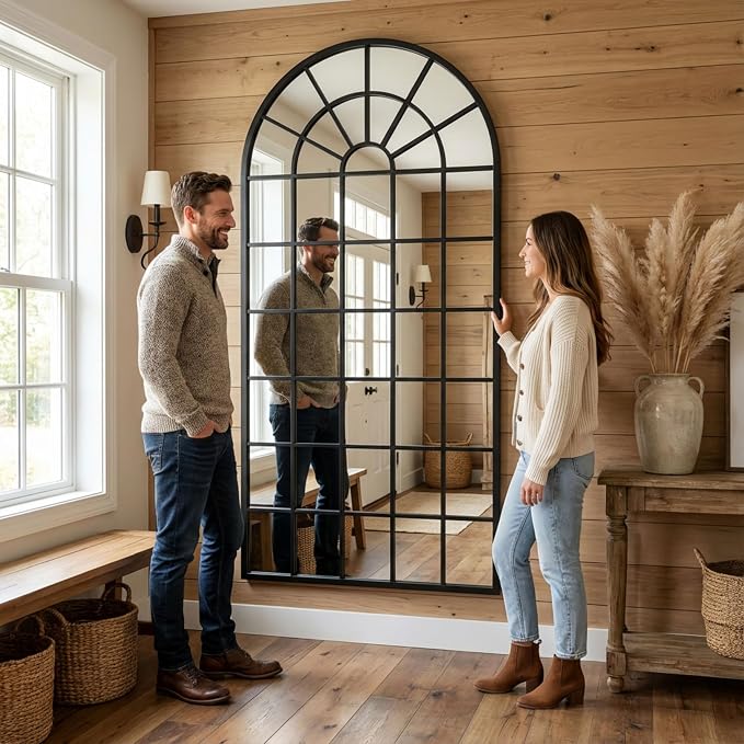 64x30Inch Large Arched Window Pane Mirror| Black Arched Mirrors for Wall & Floor | Arch Mirror Full Length for Entryway Living Room & Bedroom | Oversized Mirrors | Wall Art Decorative |Farmhouse Décor