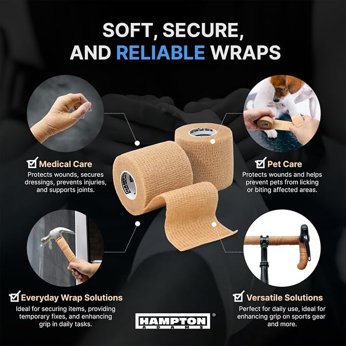 Hampton Adams Self Adhesive Bandage Wrap, Pet Safe, Cohesive Hold | 14 Pack, 15 ft Rolls, Breathable Elastic, No Clips Needed, for Sports Injuries Ankle Knee & Wrist Sprains, Vet Safe