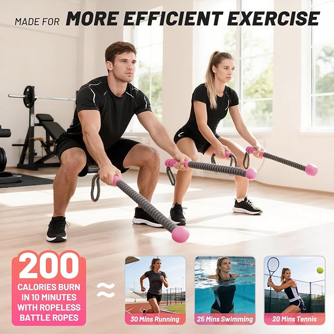 Adjustable Ropeless Battle Ropes for Home Gym,Cordless Battle Ropes with Storage Bag,Portable Workout Ropes for Strength & HIIT,Aerobic Training for Men & Women(Adjustable-Pink(2pack))