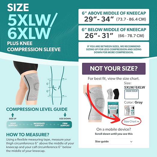 BraceAbility Plus Size Knee Brace for Women and Men – Compression Sleeve for Knee Pain Relief, Arthritis, Swelling, Osteoarthritis, Meniscus Tear, Joint Support Knee Stabilizer (5XL/6XL Wide Gray)