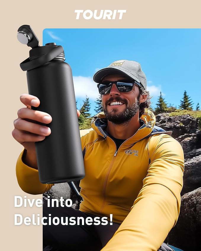 TOURIT 40 oz Insulated Stainless Steel Water Bottle, Black | Double-wall vacuum thermal flask with top handle, leakproof & BPA-free design for sports, gym, hiking & travel use