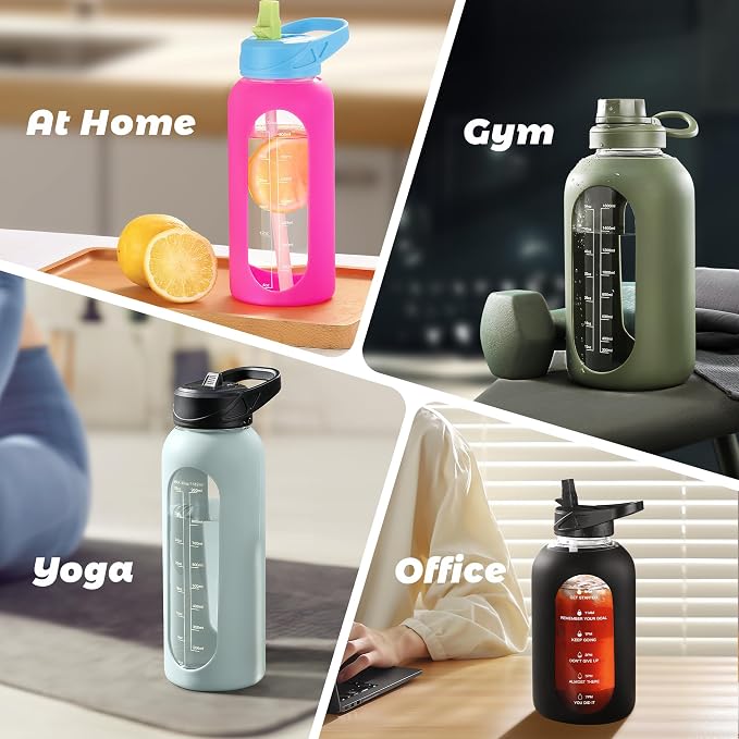 CIVAGO 24 oz Glass Water Bottle with Straw, Large Motivational Water Jug | Time Marker, 2 Leakproof Lids, Wide Mouth, Water Flask Cup with Handle and Silicone Sleeve, for Gym, Sports, Juices, Sage