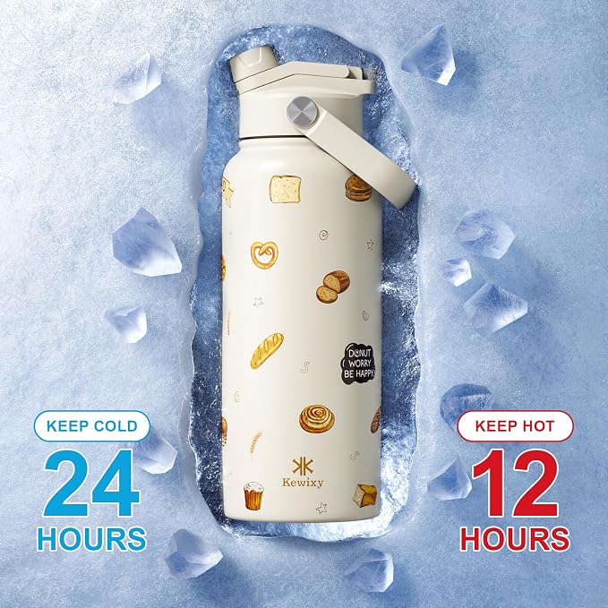 KEWIXY 32 oz Insulated Water Bottle, 2-in-1 Lid, Straw & Spout with Protected, Leak Proof, Keep Cold, Stainless Steel, Metal, Reusable, Handle, for Travel, Gym and School, Bake Beige