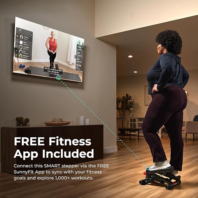Sunny Health & Fitness Mini Stair Stepper w/Resistance Bands for Home Gym | Full Body Cardio, Adjustable Step Height, Hydraulic Resistance, LCD Meter, No Assembly, 300 lb Capacity, SunnyFit App