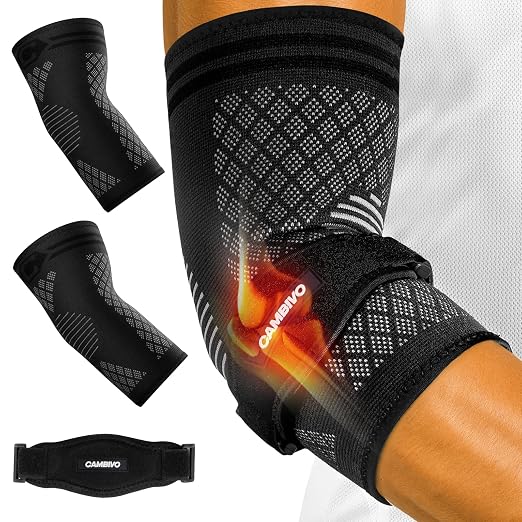 CAMBIVO 2 Elbow Sleeves and 1 Tennis Elbow Strap Set for Tendonitis Relief | Counterforce Pad Targets Extensor Pain, Adjustable Hook-and-Loop Fit, Breathable 3D Knit Sleeve, 2+1 Combo Set, Men & Women