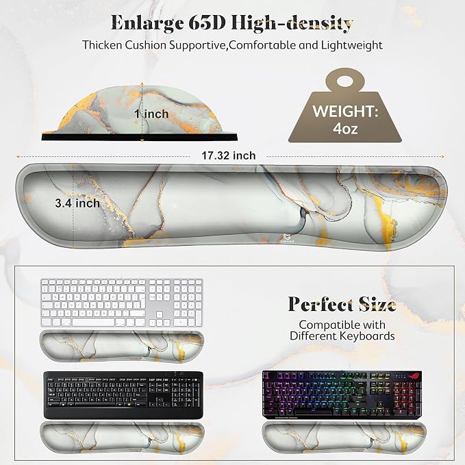 Gimars 17.3'' Extended Keyboard Wrist Rest Pad with 63D High-Density, Firm Memory Foam, Anti-Slip Rubber Base and Ergonomic Design for Typing Pain Relief,Office,Gaming,Computer, Laptop,Cloud Gray Gold