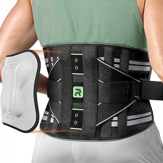 Rakiie Back Brace for Women Men, Integrated Lumbar Support, Breathable Soft Mesh Fabric and 8 Stays All-round Support, Durable Back Support With Lumbar Support Pad for Home & Lifting At Work, Green Size L