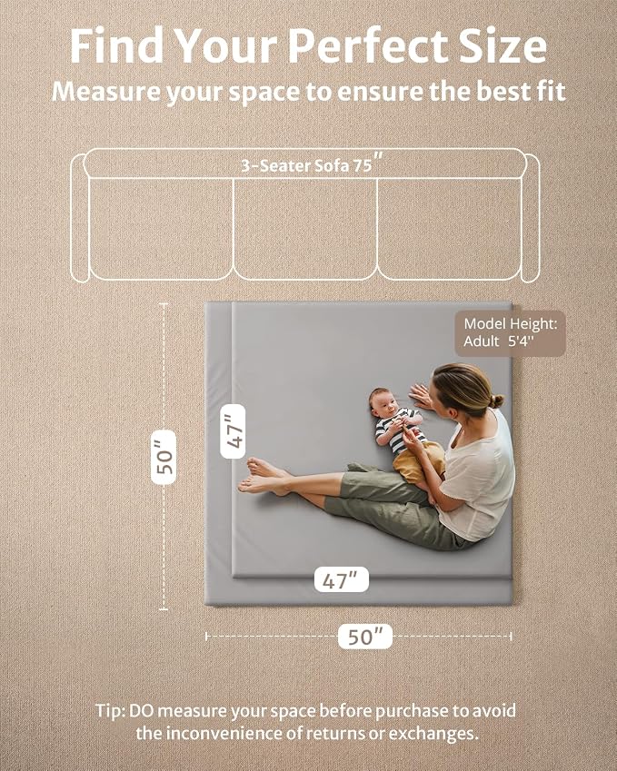 Blissful Diary Vegan Leather Baby Play Mat, 47''x47'', Light Gray | thick cushion, safe and soft fabric, waterproof and wip clean, indoor use, non-slip bottom, stylish mordern decor