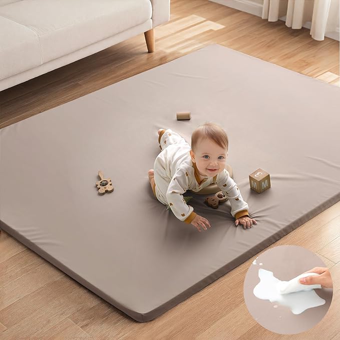 Blissful Diary Vegan Leather Baby Play Mat, 71''x59'', Taupe | thick cushion, safe and soft fabric, waterproof and wip clean, indoor use, non-slip bottom, stylish mordern decor