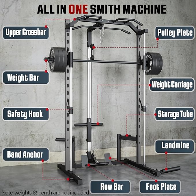 OPPSDECOR All-in-One Adjustable Smith Machine with LAT-Pull Down System | Multi-Function Power Cage for Home Gym Cable Crossover Squat Rack of Workout Machine Training Equipment with Attachments